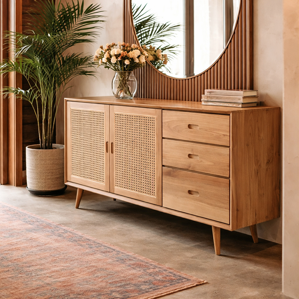 BAHUT RATTAN TEAK- 150X45X90CM  (2 DOORS 3 DRAWERS)